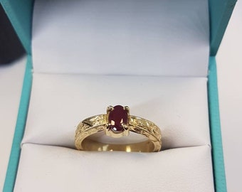 Ruby ring, 14k yellow gold, ornate, hand engraved, genuine oval shaped ruby ring, july birthstone, 40th anniversary gemstone