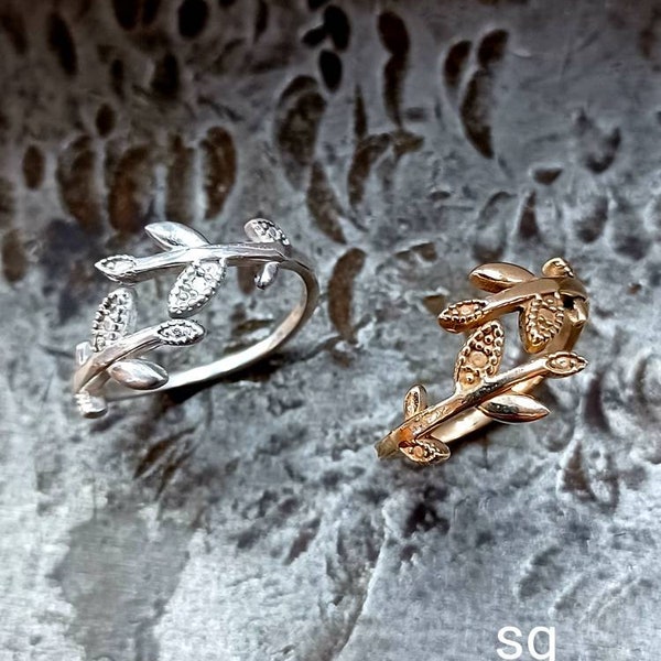 Leaf,ring,solid,Sterling,silver,or,10karat,yellow gold,adjustable,nature,organic,floral,925,toe ring,pinky ring,stackable,midi ring,vine