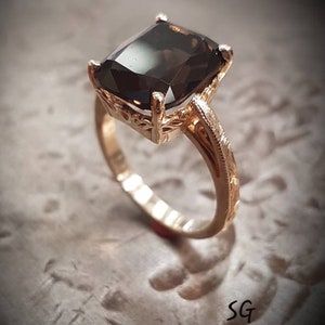 14k yellow gold, large smokey quartz, cushion cut, filigree, right hand ring, hand engraved, solitaire statement ring, earth tone gemstone