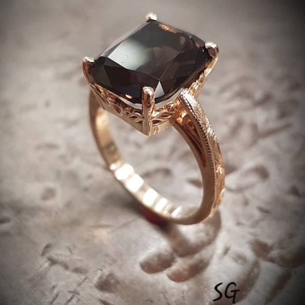 14k yellow gold, large smokey quartz, cushion cut, filigree, right hand ring, hand engraved, solitaire statement ring, earth tone gemstone