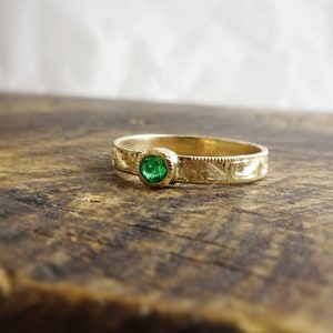 14 karat yellow gold, hand engraved, 3.5 mm round faceted stone, birthstone ring, genuine gemstones, handmade for you!