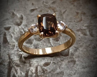 Smokey quartz,white sapphire,14 karat,solid,yellow gold,ring,genuine,gemstones,3 stone,cocktail ring,faceted,cushion cut,round brilliant cut