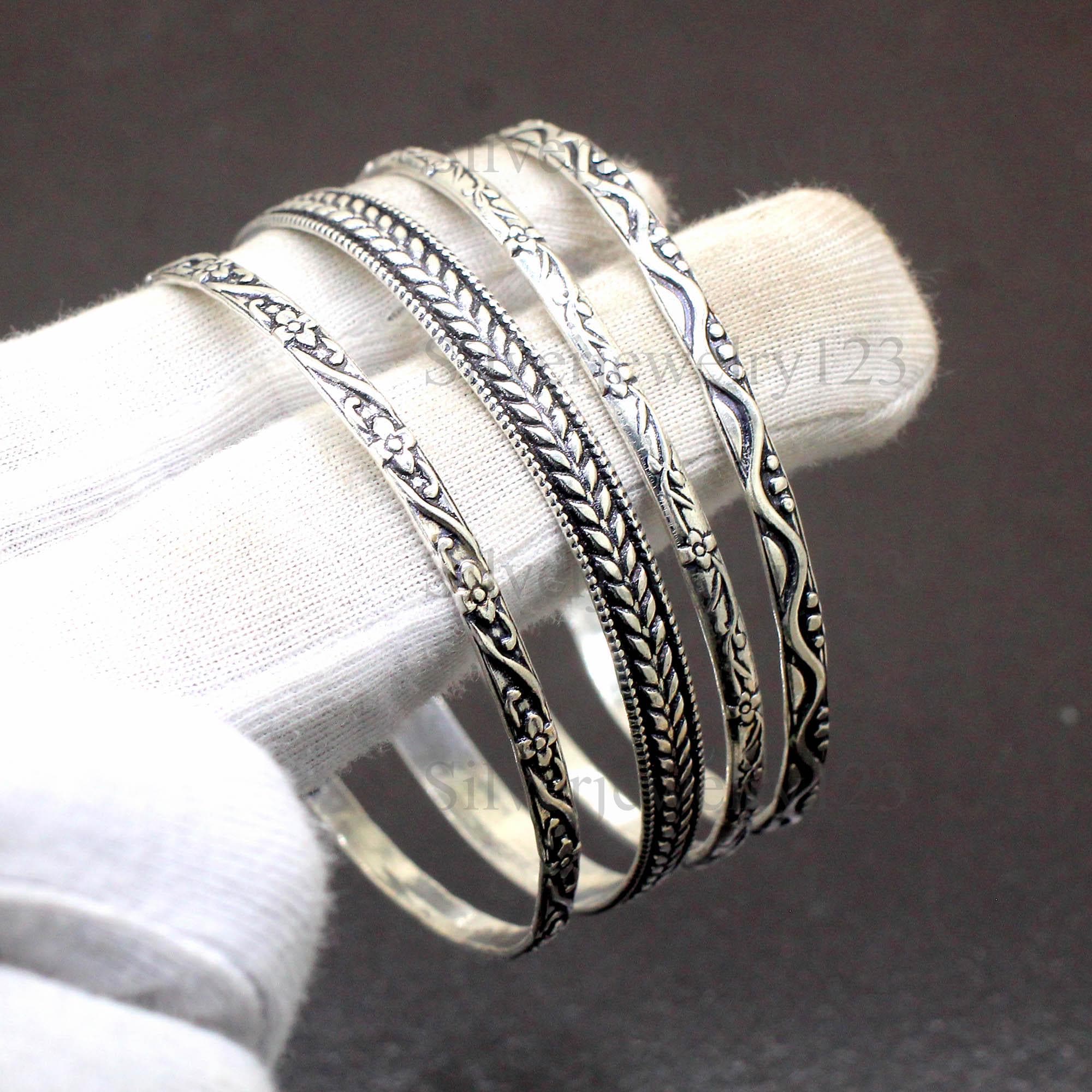 Sterling Silver Bangle Set of 4: Dainty 925 Silver Bracelets - Etsy