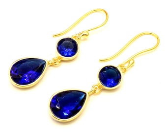 14k Gold Plated Sterling Silver Blue Sapphire Earrings - Hypoallergenic