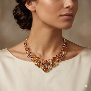 ボヘミアンバルト海産琥珀ネックレス：スターリングシルバーのブライダルビブ