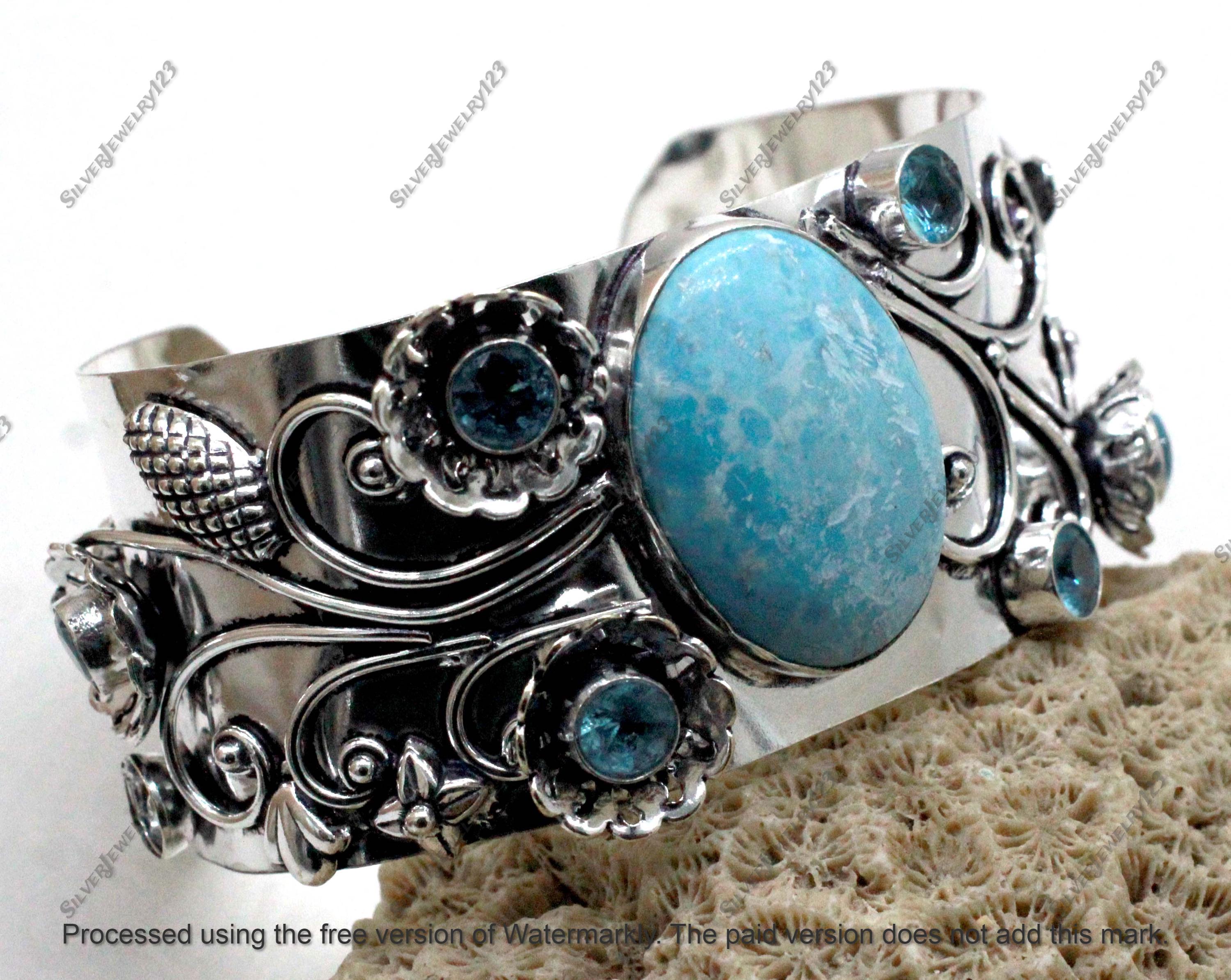 ラリマー＆トパーズ スターリングシルバーバングル：ハンドメイド