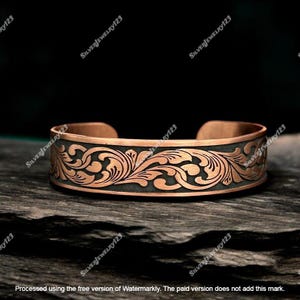 Handmade Solid Copper Cuff Bracelet: Vintage Floral Engraved Boho Bangle