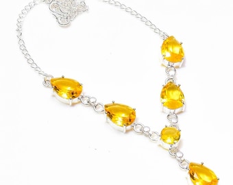 Yellow Citrine Gemstone Necklace: Sterling Silver Jewelry Necklace Adjustable Gift For Her