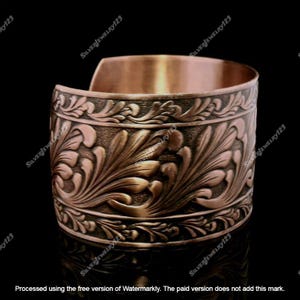 Handmade Solid Copper Cuff Bracelet: Vintage Floral Engraved Boho Bangle