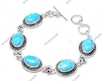 Bracelet bleu naturel avec pierres précieuses de larimar : argent sterling 925 fait main, réglable de 7 à 8 po.