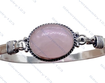 Brazalete de cuarzo rosa en plata de ley: pulsera ajustable hecha a mano de 925