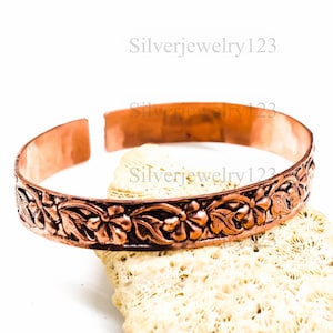 Handmade Copper Cuff Bracelet: Embossed Floral Boho Jewelry