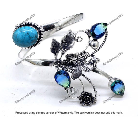 ターコイズ＆トルマリン カフバングル：925スターリングシルバー