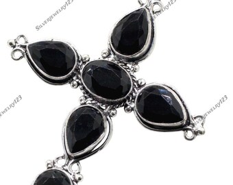 Black Spinel Gemstone Cross Pendant | 925 Sterling Silver | Handmade Jewelry | Gift for Her