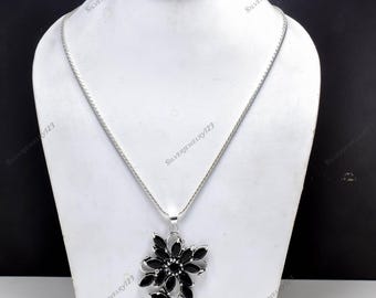 Elegant Black Spinel 925 Sterling Silver Statement Pendant Necklace Jewelry