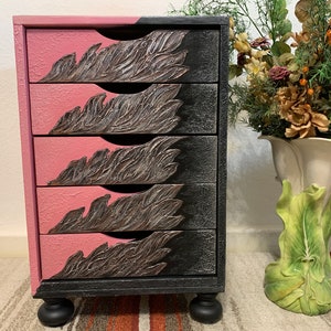 Stylish chest of drawers made of natural wood with elements of sculptural painting 62x39x35 cm
