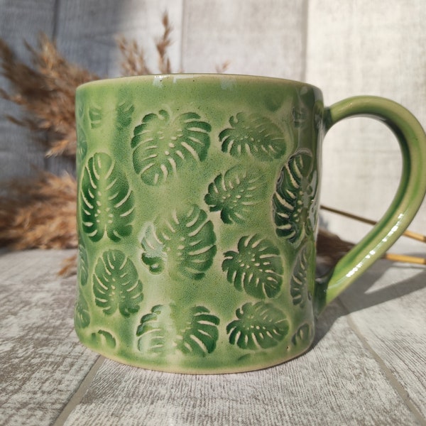Handmade Green Monstera Mug: Ceramic Plant Lover Gift