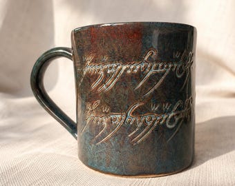 Handmade Ceramic Mug: Carved with Elvish Inscription - Christmas gift for fantasy and adventure fans