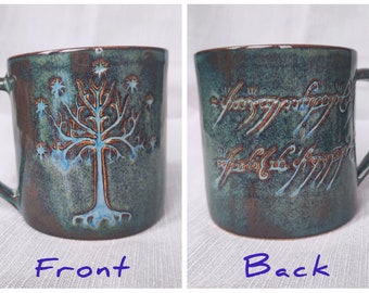 White Tree & Elvish Inscription Handmade Mug, hand carved for fantasy fans
