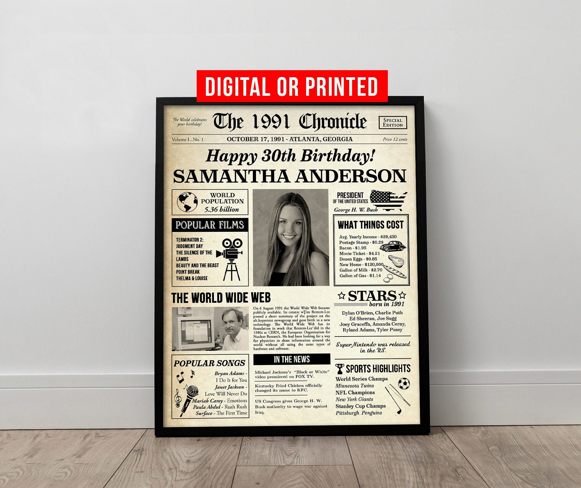 Back In 1991 30th Birthday Newspaper Poster Sign Printable | Etsy