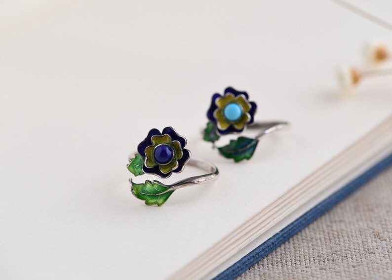 S925 Silver Vintage Cloisonne Flower RingFashion Lapis Lazuli ringOptimized Turquoise Ring