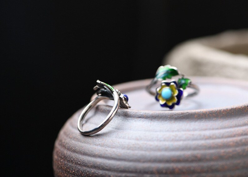 S925 Silver Vintage Cloisonne Flower RingFashion Lapis Lazuli ringOptimized Turquoise Ring