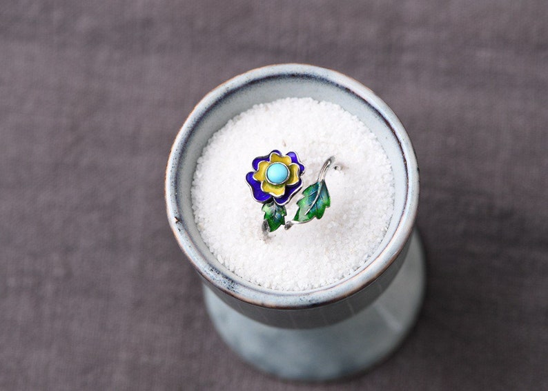 S925 Silver Vintage Cloisonne Flower RingFashion Lapis Lazuli ringOptimized Turquoise Ring
