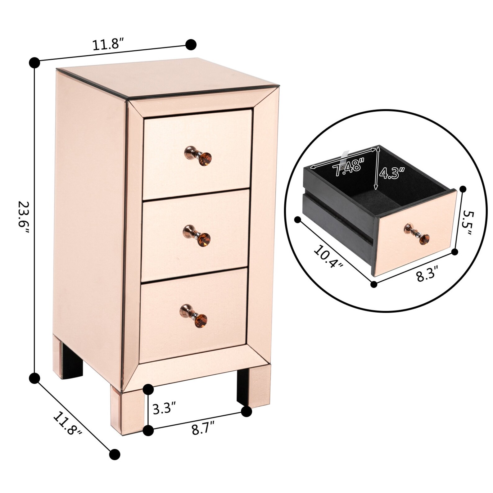Mesita de noche 3-Drawers rosa espejo mesita de noche moderna | Etsy