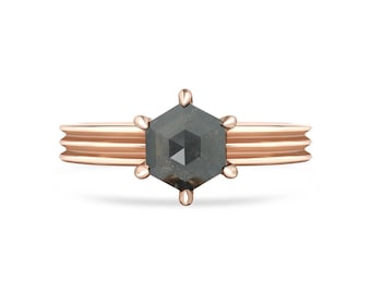 Hexagon Gray Diamond Ring | Black Galaxy Solitaire | Rose Gold Modern Ring