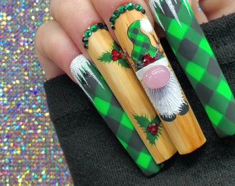 Gnome • Plaid • Christmas • Hand Painted • Press On Nails • Nail Art • False Nails • Glue On Nails • Gift For Her