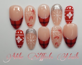 Cannes de bonbon et flocons de neige • Plaid rouge • Ongles d'hiver • Peints à la main • Appuyez sur les ongles • Nail Art • Faux ongles • Colle sur les ongles • Cadeau pour elle