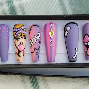 Comic Book Theme Pop Art Bubble Gum Girl Hand Painted Press On Nails Nail Art False Nails Glue On Nails Gift For Her image 3