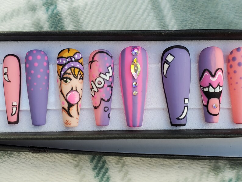 Comic Book Theme Pop Art Bubble Gum Girl Hand Painted Press On Nails Nail Art False Nails Glue On Nails Gift For Her image 3