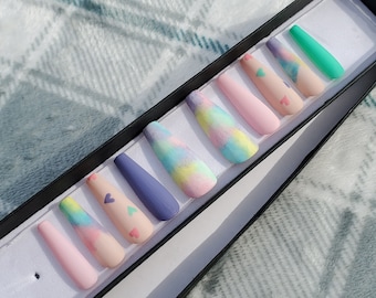 Pastel Daydream • Matte Spring Press-On Nails • Hand-Painted Hearts in Pink, Teal, Purple & Blue • Long Coffin Sweetheart Set