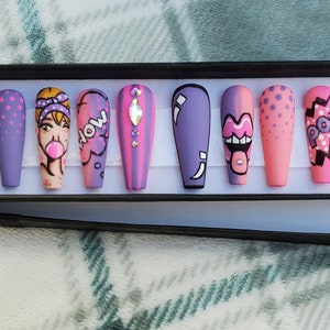 Comic Book Theme Pop Art Bubble Gum Girl Hand Painted Press On Nails Nail Art False Nails Glue On Nails Gift For Her image 2