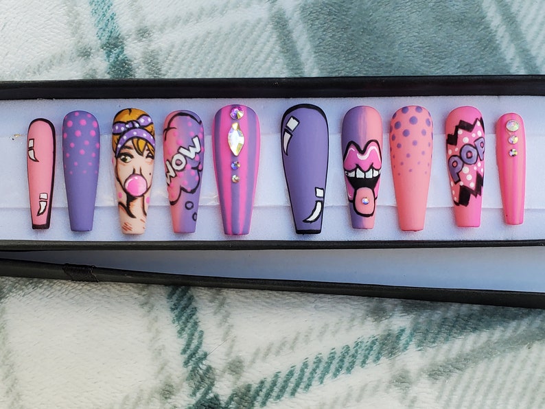 Comic Book Theme Pop Art Bubble Gum Girl Hand Painted Press On Nails Nail Art False Nails Glue On Nails Gift For Her image 2