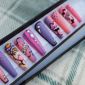 Comic Book Theme Pop Art Bubble Gum Girl Hand Painted Press On Nails Nail Art False Nails Glue On Nails Gift For Her image 1
