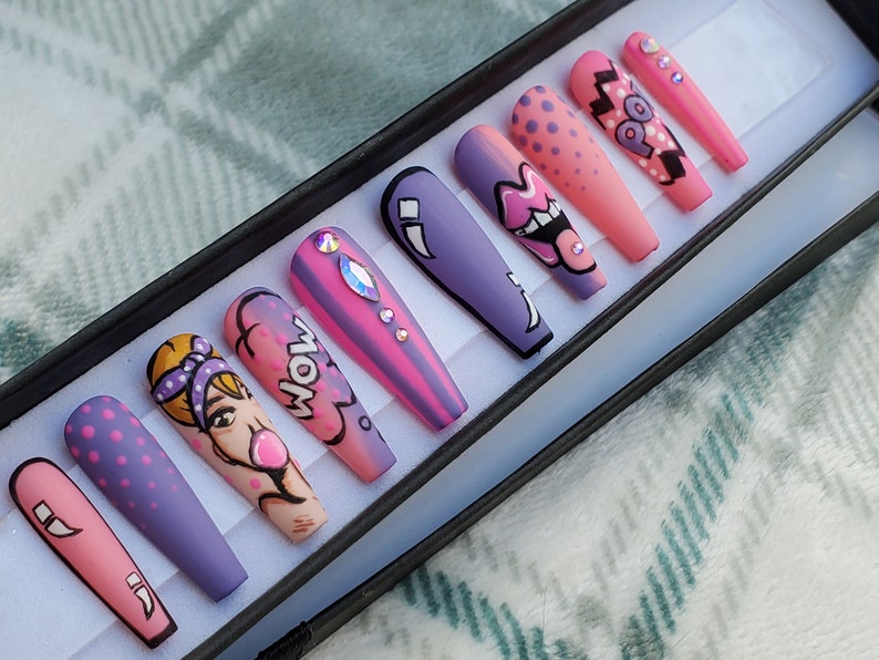 Comic Book Theme Pop Art Bubble Gum Girl Hand Painted Press On Nails Nail Art False Nails Glue On Nails Gift For Her image 1