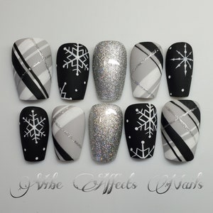 Frost Warning • Cozy Winter Press-On Nails • Hand-Painted Black Snowflake Nails with Silver Glitter & Plaid Accents • Medium Coffin Nail Set