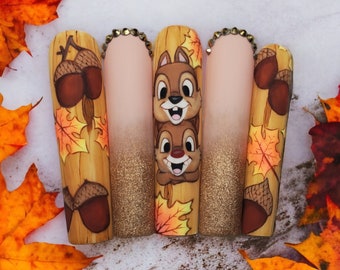 Autumn • Leaves • Chipmunks • Hand Painted • Press On Nails • Nail Art • False Nails • Glue On Nails • Gift For Her