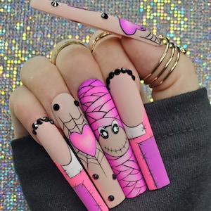 Mummy Wrap • Pink Halloween Press-On Nails • Hand-Painted XXL Square Nails with Hearts, Webs & Cute Mummy Vibes • Spooky Sweet Nail Set