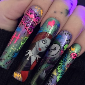 Rebel Romance • Dark Duo Inspired Press-On Nails • Hand-Painted Purple & Green Graffiti XXL Square Set • Vibe Affects Luxury Nail Art