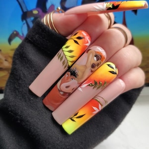 Hakuna Matata Hand Painted Press On Nails Nail Art False Nails Glue On Nails Gift For Her image 1