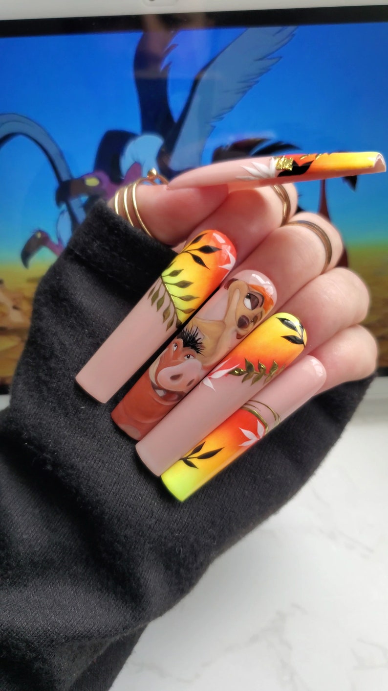 Hakuna Matata Hand Painted Press On Nails Nail Art False Nails Glue On Nails Gift For Her image 1