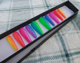 Glow State • Rainbow Gradient Press-On Nails • Hand-Painted Neon Ombre Nail Art • Bright Summer Long Coffin Nail Set