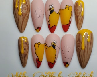 The Bear Who Loved Honey • Honey Drip Press-On Nails • Hand-Painted Bee & Rustic Wood Nail Art • Sweet Nature Vibe Set