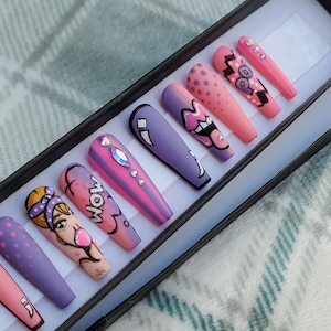 Comic Book Theme Pop Art Bubble Gum Girl Hand Painted Press On Nails Nail Art False Nails Glue On Nails Gift For Her image 5