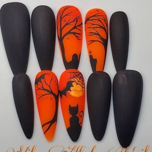 Grave Intentions • Halloween Press-On Nails • Hand-Painted Black & Orange Ombre Nails with Graveyard Silhouettes • Spooky Matte Nail Set