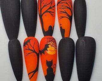 Grave Intentions • Halloween Press-On Nails • Hand-Painted Black & Orange Ombre Nails with Graveyard Silhouettes • Spooky Matte Nail Set