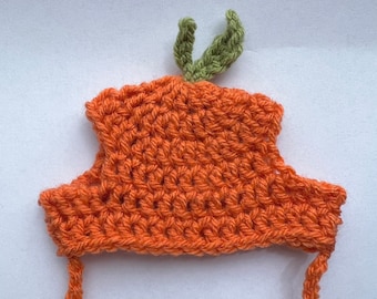 May include: Orange crocheted pumpkin hat with green crocheted leaves on top and two long ties.